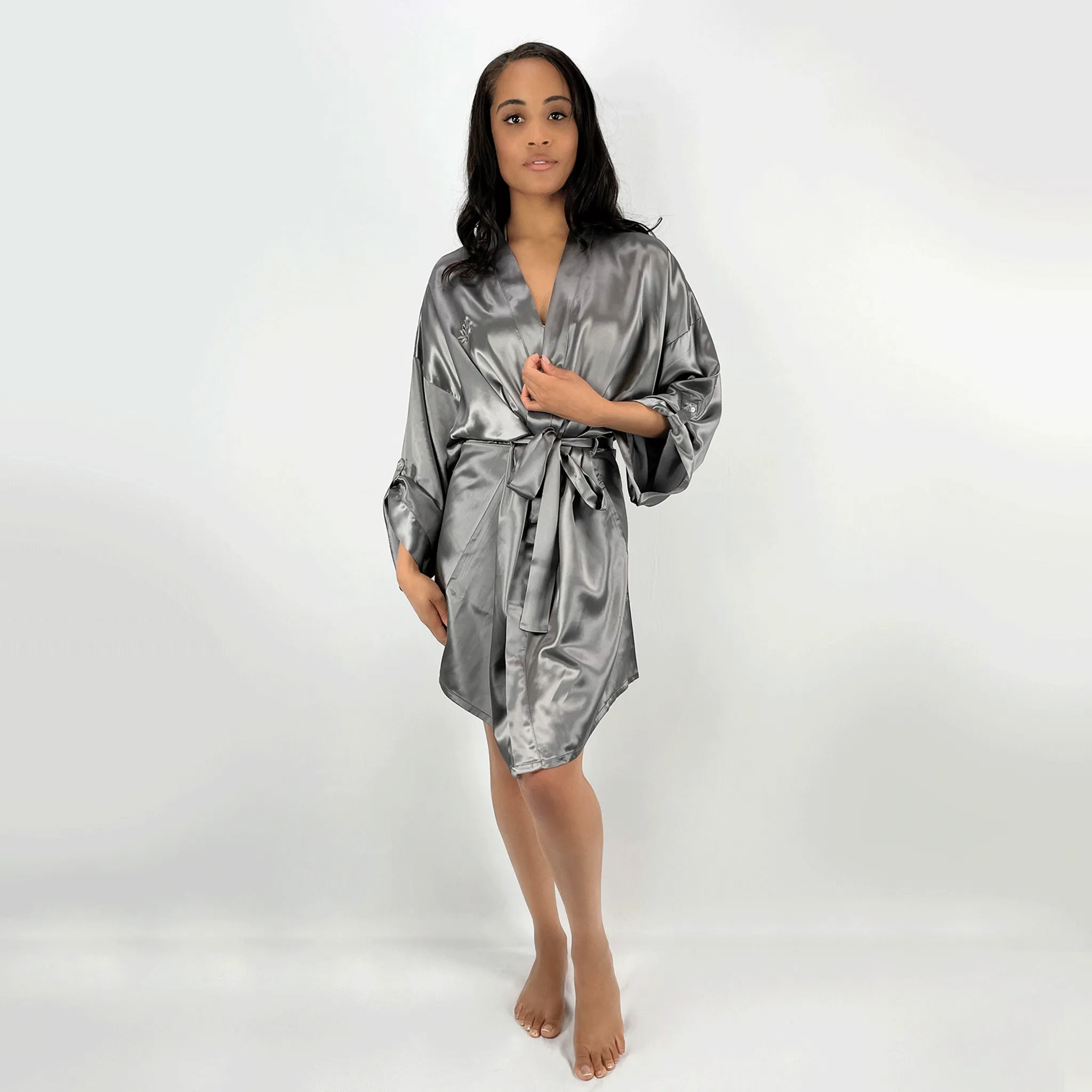 100% Pure Silk Robe - Gunmetal