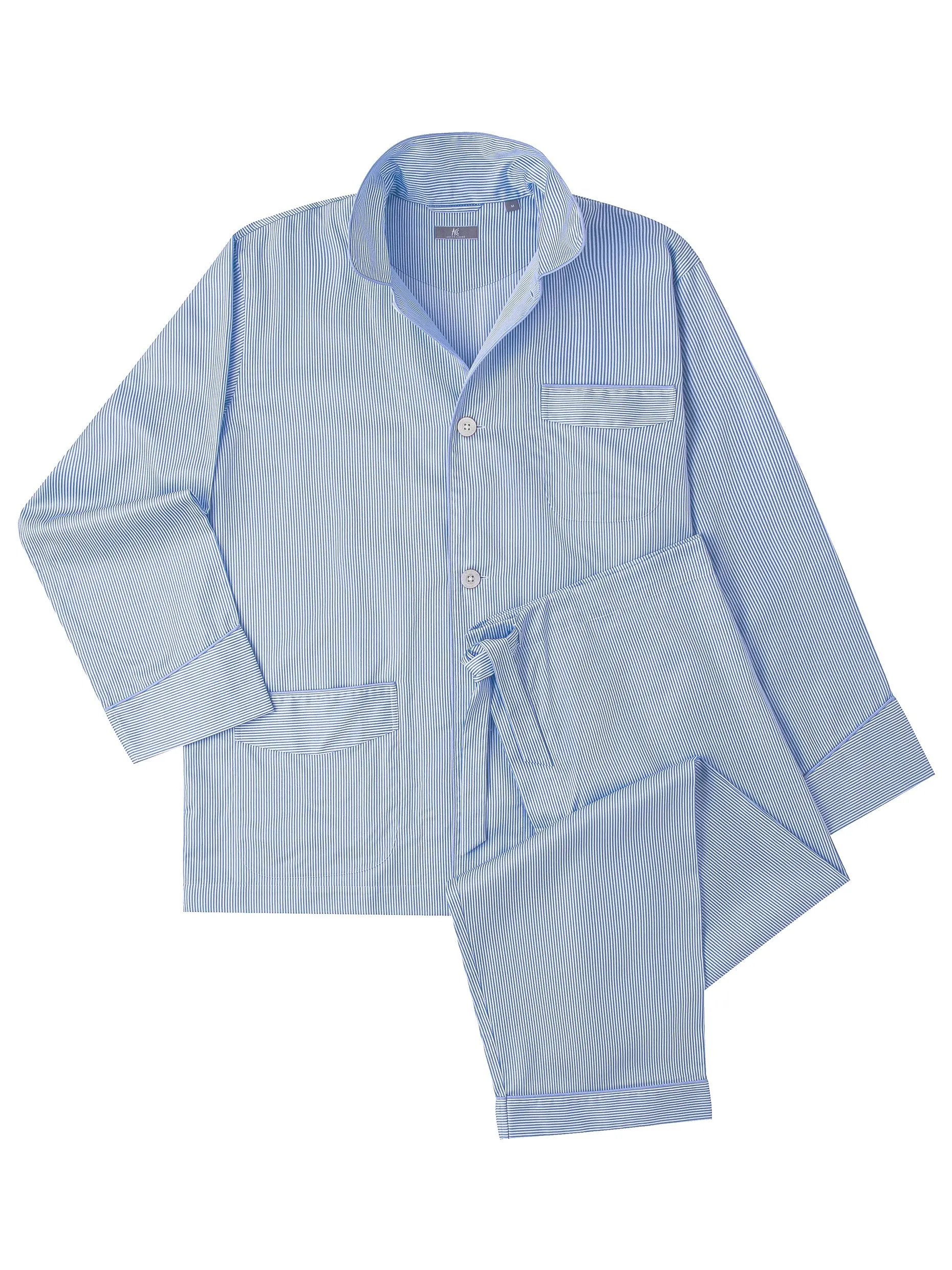 120s Cotton Light Blue Pencil Stripe Pajamas