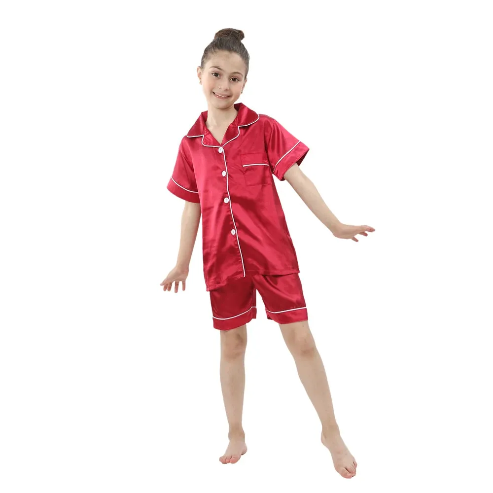 2 4 6 8 10 12 14 Years Children Pajamas Satin Silk Summer Toddler Boys Girls for Teens Pink Kids Pijamas Short Sleeve Pyjama Set