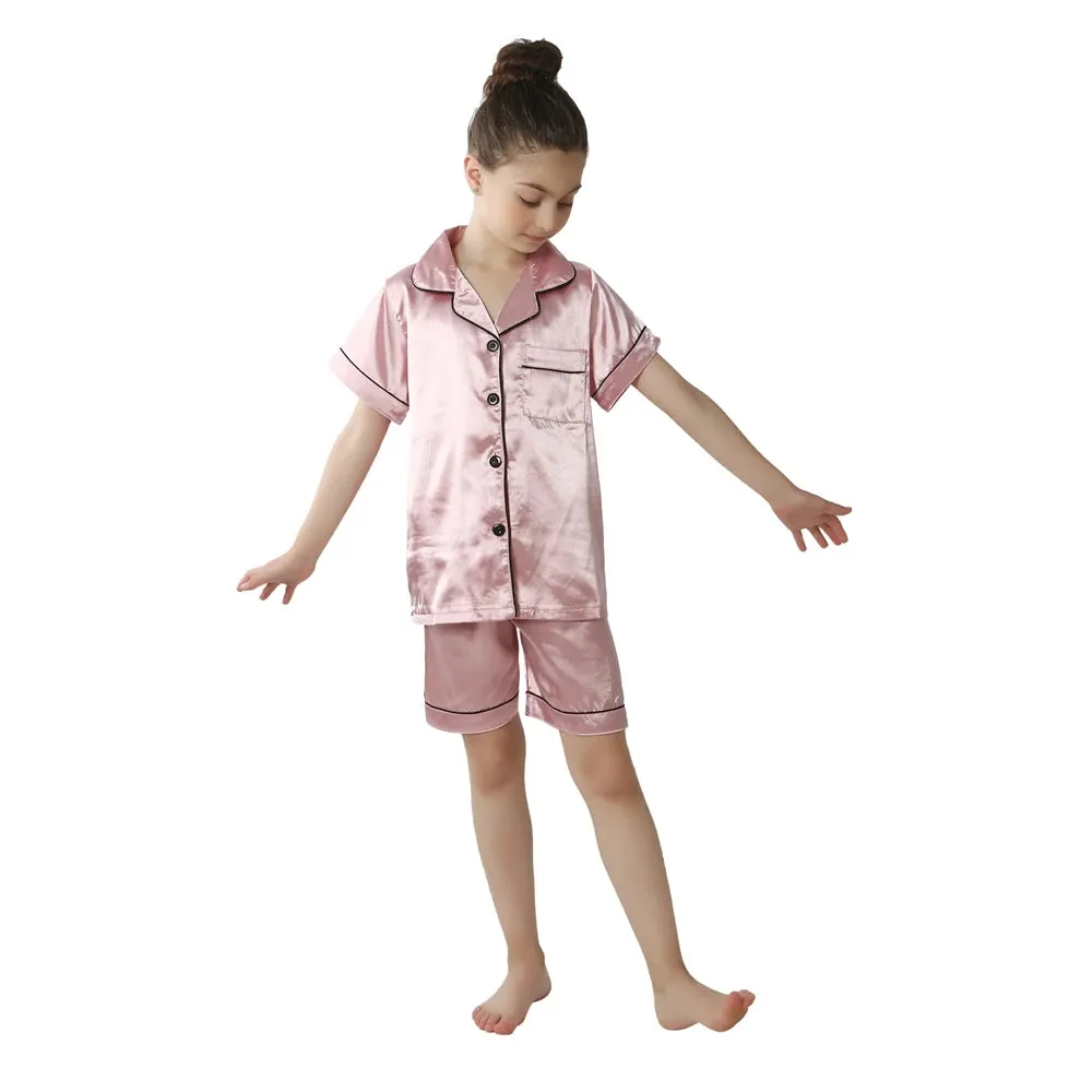 2 4 6 8 10 12 14 Years Children Pajamas Satin Silk Summer Toddler Boys Girls for Teens Pink Kids Pijamas Short Sleeve Pyjama Set