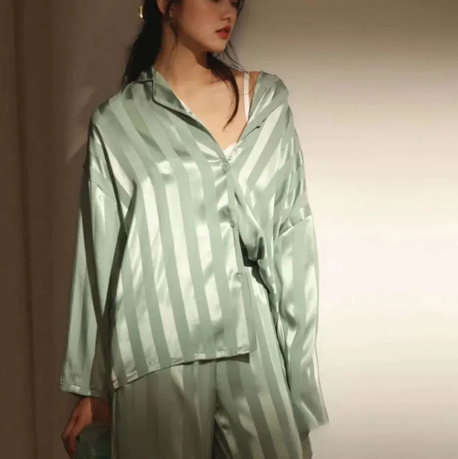 2024 Women Nightwear Grid Stripe Luxury Ice Silk Pajamas Set Long Sleeve Soft Sleepwear Female Spring Summer Large Size Homewear