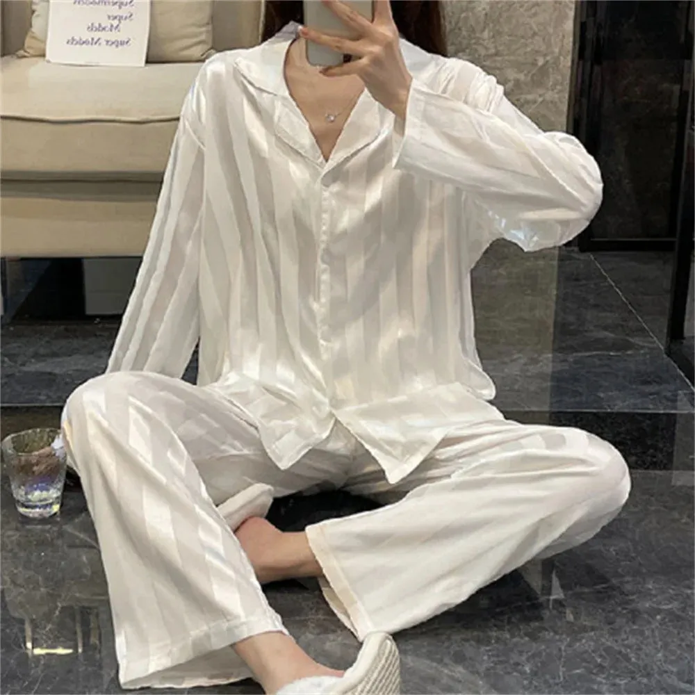 2024 Women Nightwear Grid Stripe Luxury Ice Silk Pajamas Set Long Sleeve Soft Sleepwear Female Spring Summer Large Size Homewear