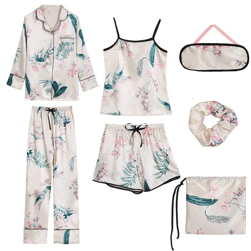 7 Pieces Set Women Pajamas Ice Silk Printing Fashion Long Sleeve Sleepwear