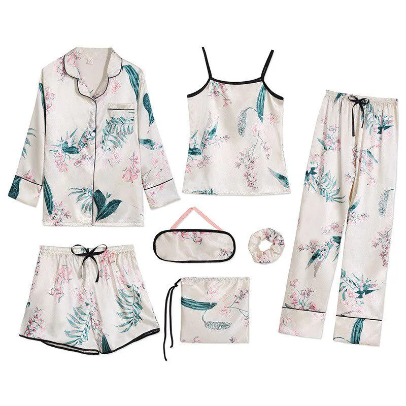 7 Pieces Set Women Pajamas Ice Silk Printing Fashion Long Sleeve Sleepwear