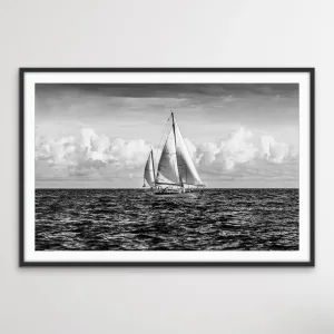 A Day On the Ocean - Black and White Yacht Sailing Photographic Canvas or Art Print