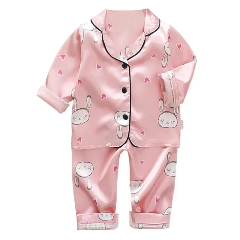 Boys Girls Long Sleeve Silk Pajamas for Children Cartoon Rabbit Sleepwear Pijamas Girls Teenage Satin Pajama Sets Night Suits