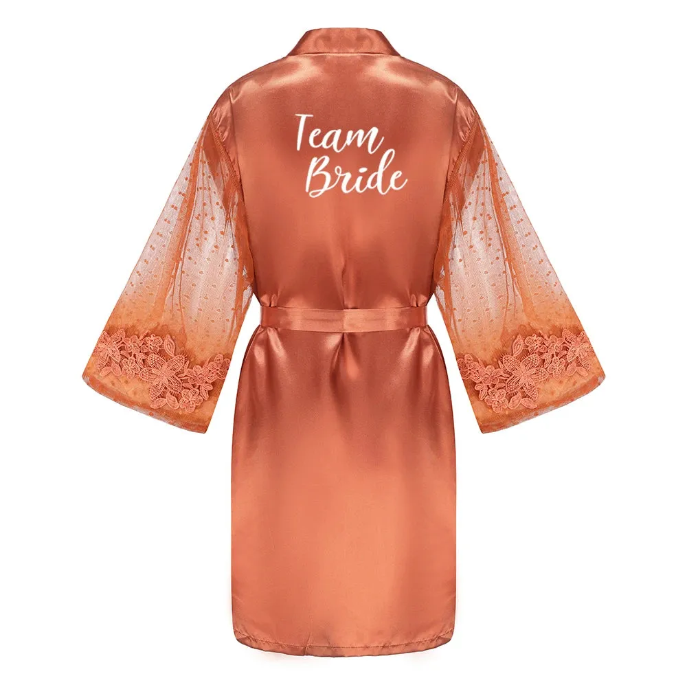 Caramel Wedding Bride Bridesmaid Robes Dressing Gown Women Bathrobe Night Shirts Short Women Kimono Mesh Sleeve