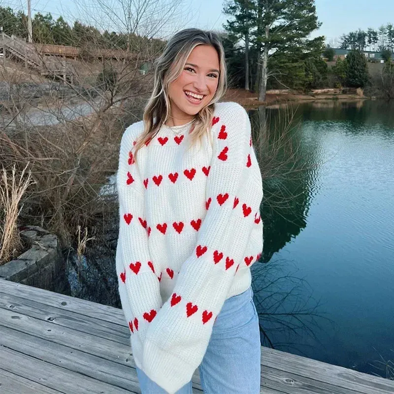 Casual Cozy Heart Print Loose O-neck Long Sleeve Comfortable Stylish Warm Sweater