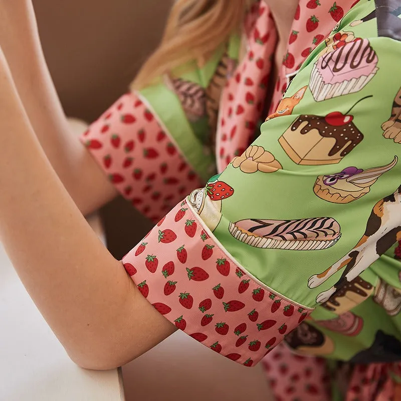 Cat Cartoon Short Sleeve Shirt and Shorts Pajama Set