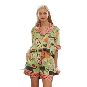 Cat Cartoon Short Sleeve Shirt and Shorts Pajama Set