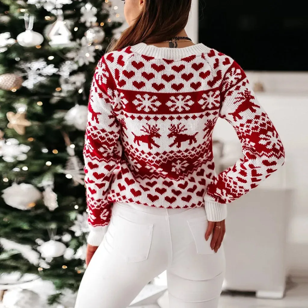 Christmas Cozy Cute Santa Head Print Comfortable Oversized Stylish Warm Sweater