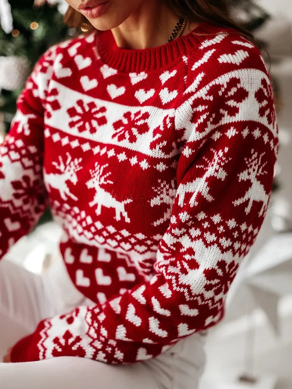 Christmas Cozy Cute Santa Head Print Comfortable Oversized Stylish Warm Sweater