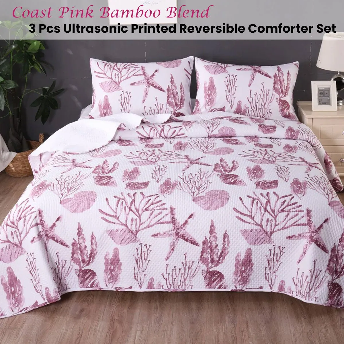 Coast Pink 3 Pcs Bamboo Blend Ultrosonic Reversible Comforter Set King