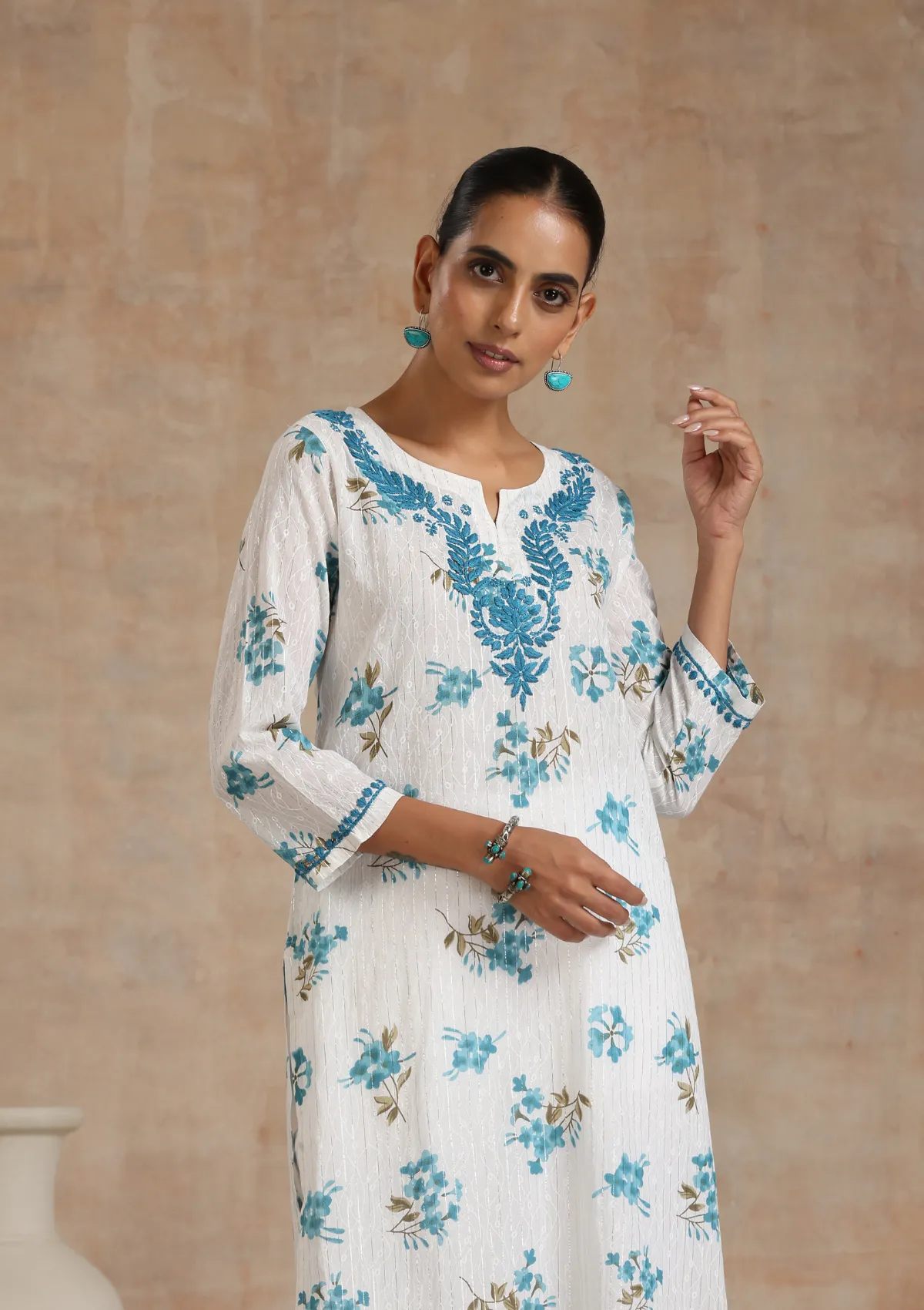 Cotton Chikankari Printed Women's Long Kurta - White