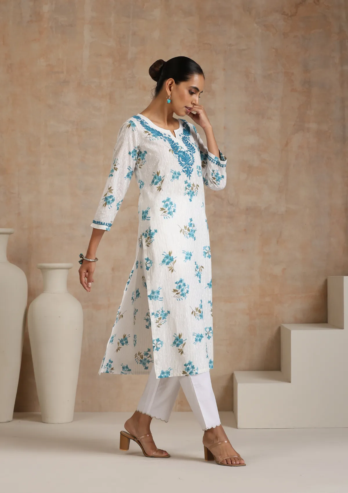 Cotton Chikankari Printed Women's Long Kurta - White