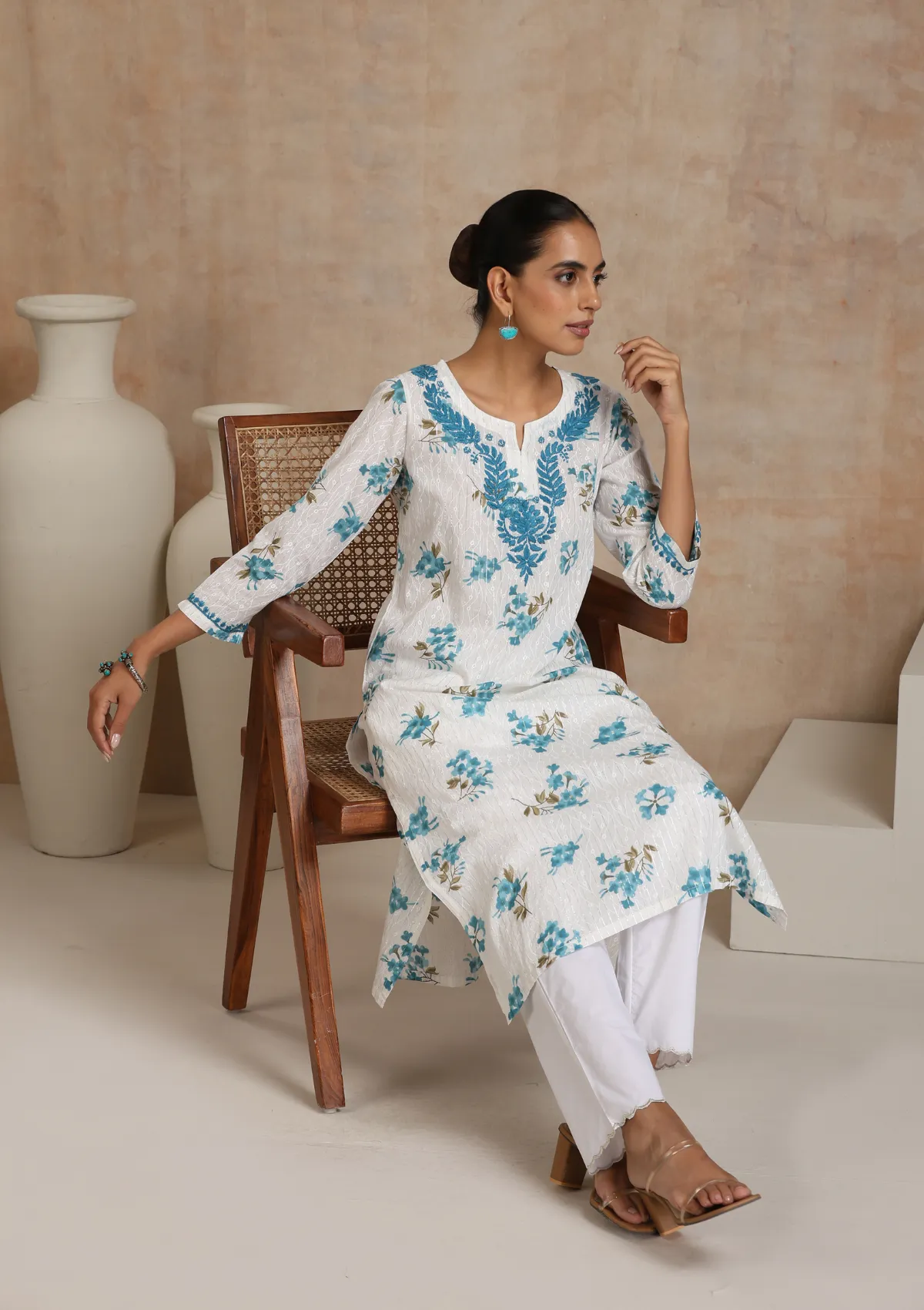 Cotton Chikankari Printed Women's Long Kurta - White