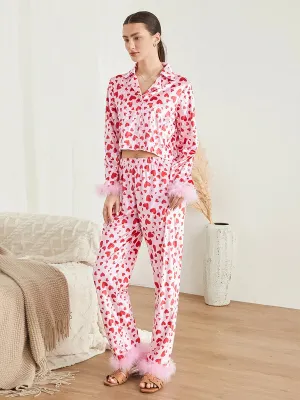 Day Satin Silk Heart Love Printed Long Sleeve Valentine's Pajamas