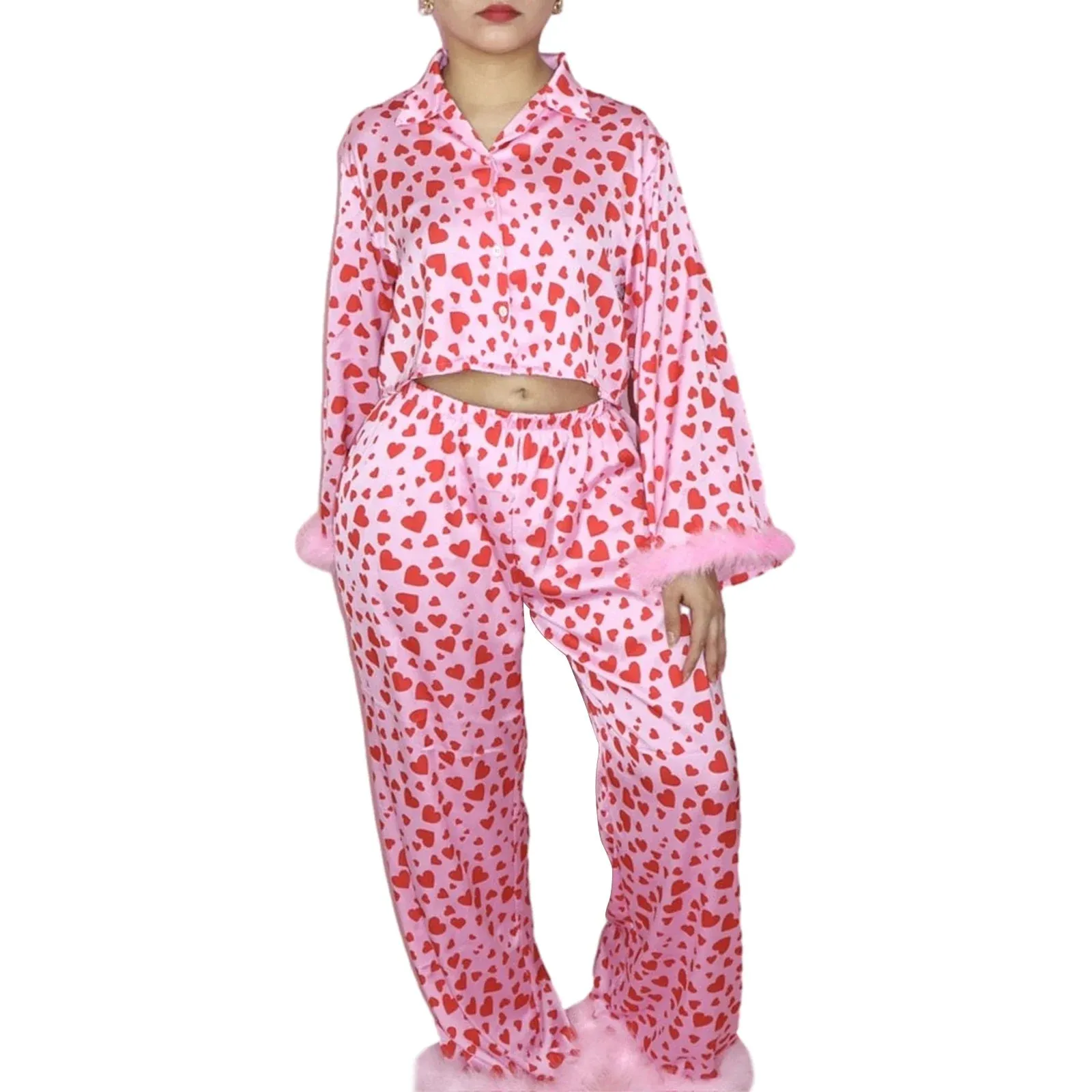 Day Satin Silk Heart Love Printed Long Sleeve Valentine's Pajamas