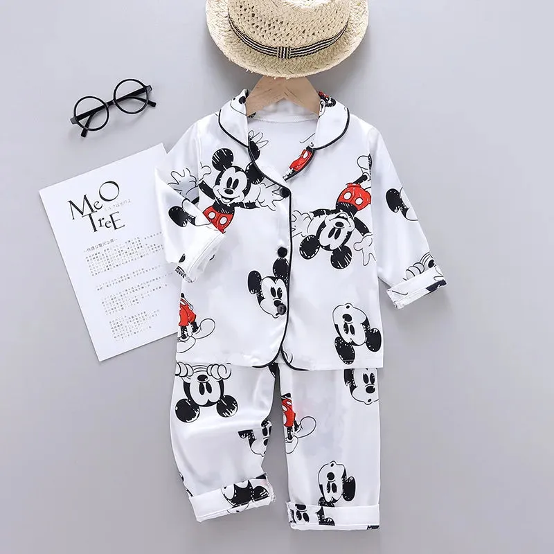 Disney Mickey Mouse Children Pajamas Suit Silk Satin Long Sleeve Top Trousers 2Pcs Baby Boys Girls Cartoon Satin Set Nightgown