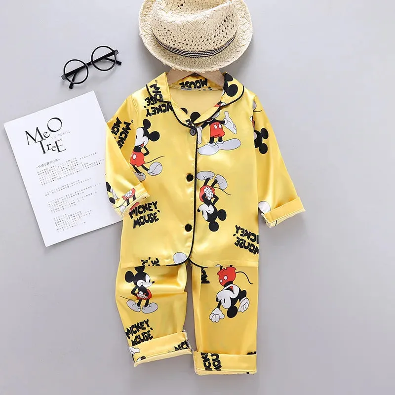 Disney Mickey Mouse Children Pajamas Suit Silk Satin Long Sleeve Top Trousers 2Pcs Baby Boys Girls Cartoon Satin Set Nightgown