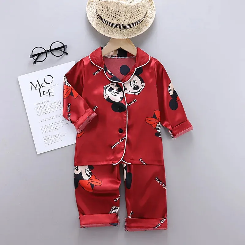 Disney Mickey Mouse Children Pajamas Suit Silk Satin Long Sleeve Top Trousers 2Pcs Baby Boys Girls Cartoon Satin Set Nightgown