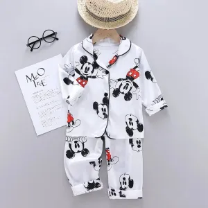 Disney Mickey Mouse Children Pajamas Suit Silk Satin Long Sleeve Top Trousers 2Pcs Baby Boys Girls Cartoon Satin Set Nightgown