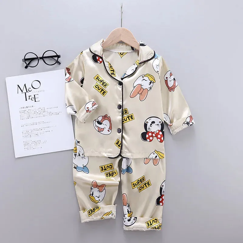 Disney Mickey Mouse Children Pajamas Suit Silk Satin Long Sleeve Top Trousers 2Pcs Baby Boys Girls Cartoon Satin Set Nightgown