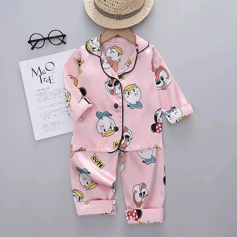 Disney Mickey Mouse Children Pajamas Suit Silk Satin Long Sleeve Top Trousers 2Pcs Baby Boys Girls Cartoon Satin Set Nightgown