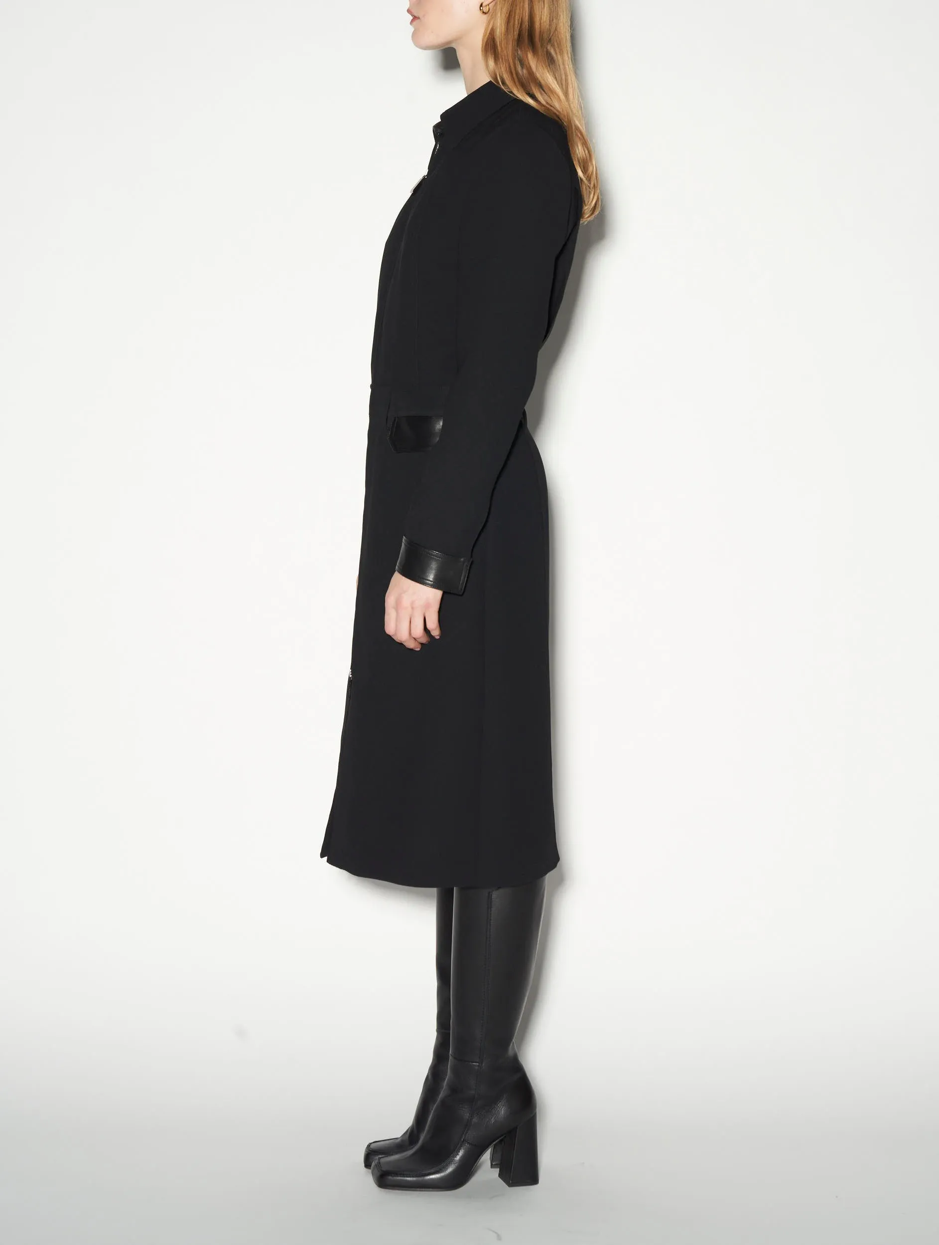 Dual fabric black crepe double zip dress