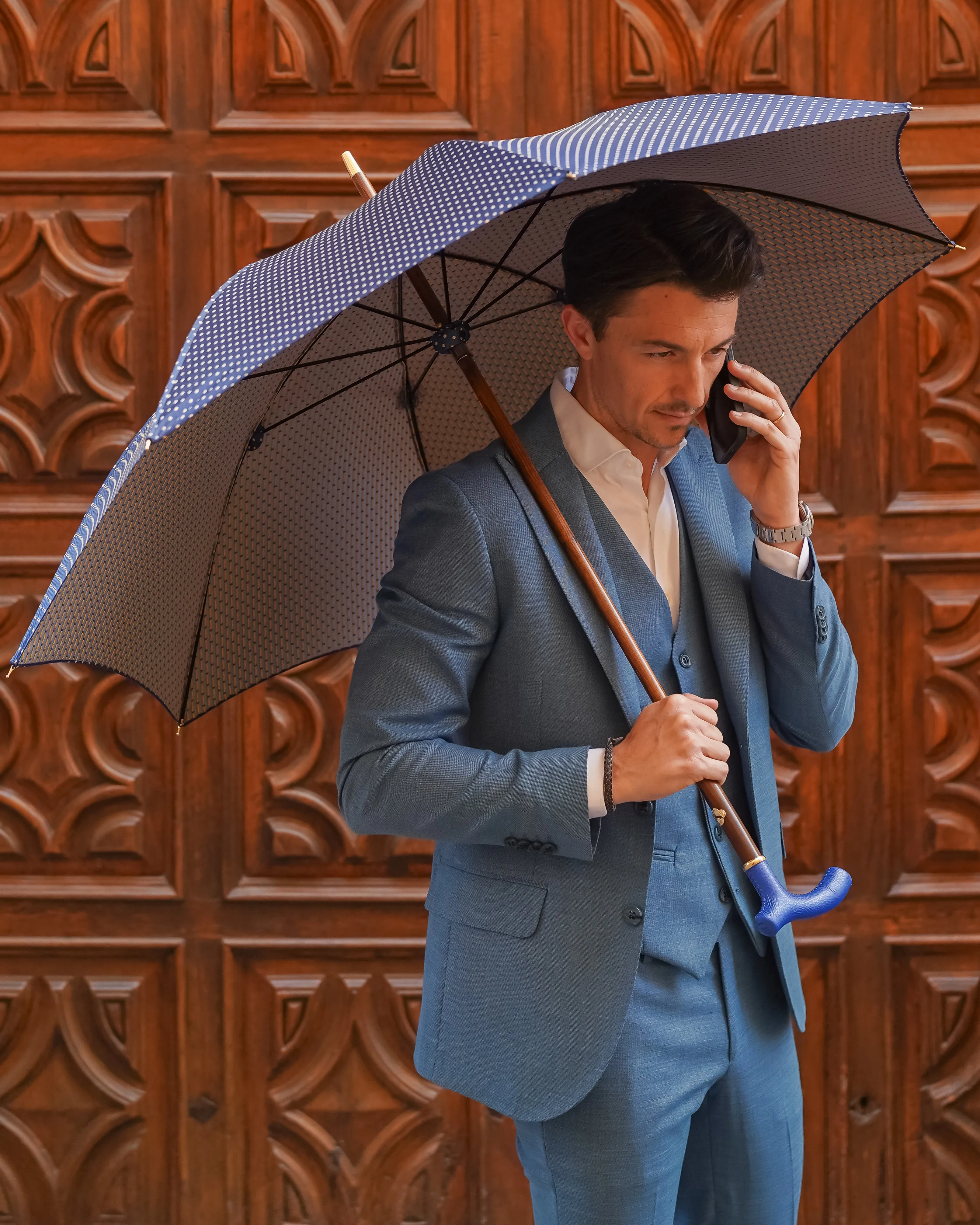 Elegant Umbrella with Blue Leather Handle and Beechwood Shaft