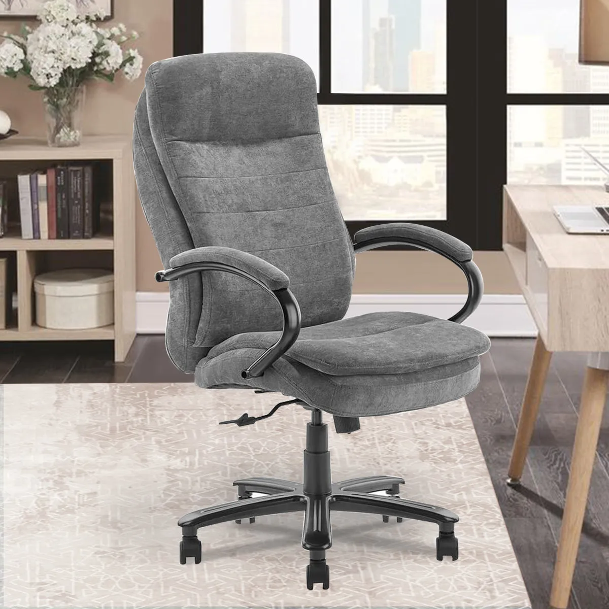 Ergonomic Executive Office Chair with Fabric Upholstery Adjustable Height Thick Padding Headrest & Armrest, Gray