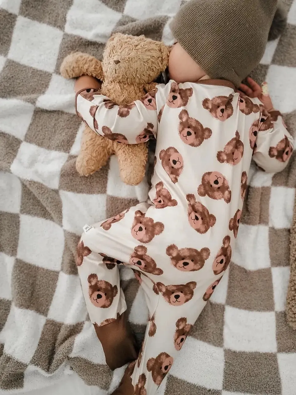 Gender Neutral Double Zipper Soft Sleepers - Brown Teddy Bear