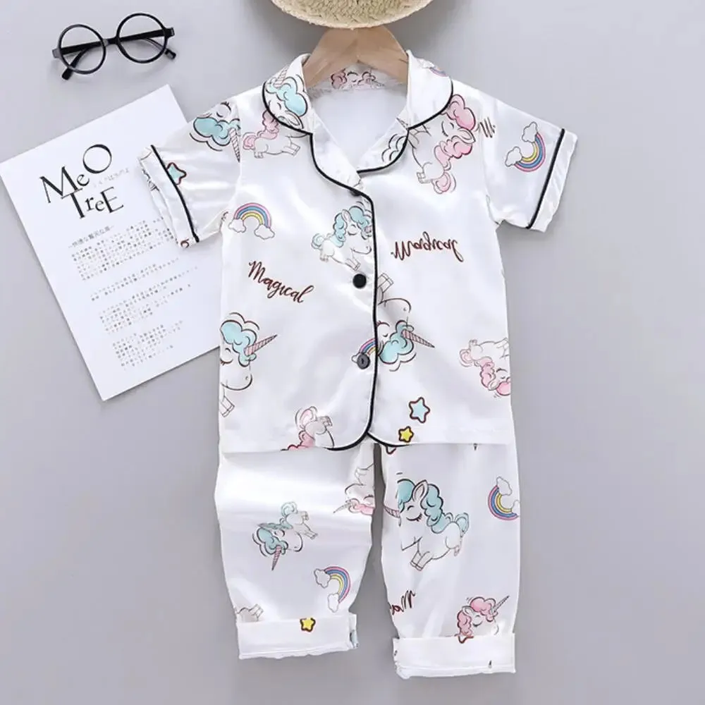 Girls Pajamas Pants Set Summer Air-Conditioned Clothing Toddler Boys Lce Silk Satin Cartoon Unicorn Nightgown 2pcs Outfit