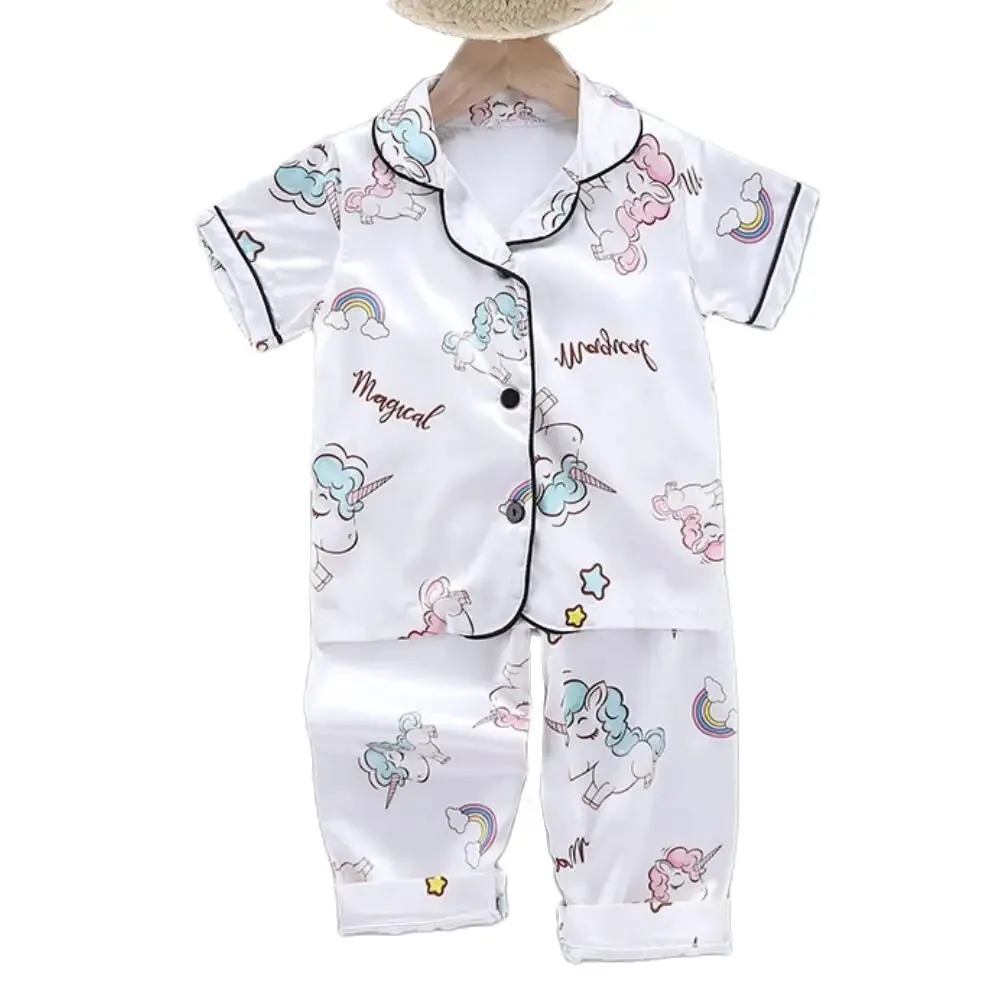 Girls Pajamas Pants Set Summer Air-Conditioned Clothing Toddler Boys Lce Silk Satin Cartoon Unicorn Nightgown 2pcs Outfit