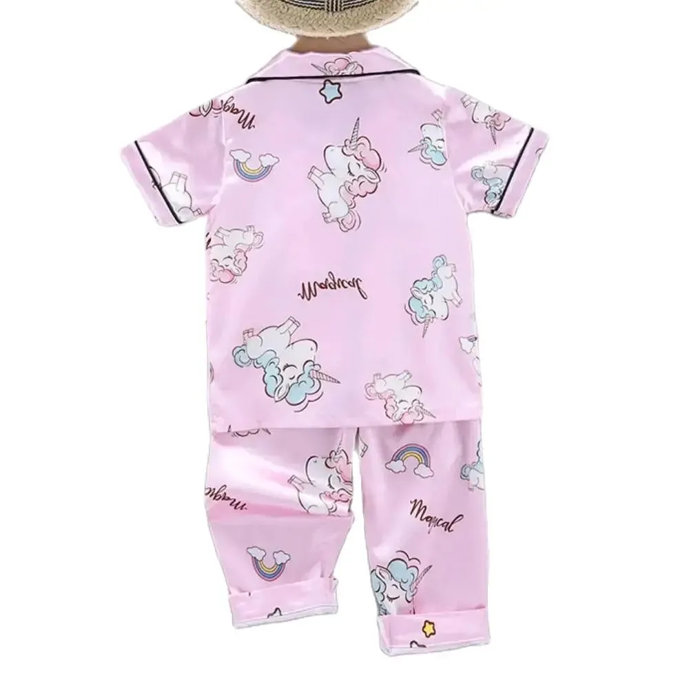 Girls Pajamas Pants Set Summer Air-Conditioned Clothing Toddler Boys Lce Silk Satin Cartoon Unicorn Nightgown 2pcs Outfit