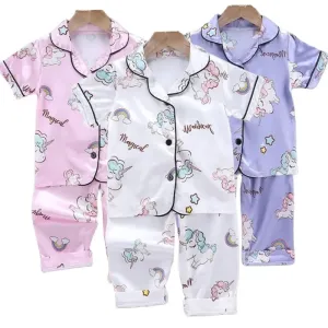 Girls Pajamas Pants Set Summer Air-Conditioned Clothing Toddler Boys Lce Silk Satin Cartoon Unicorn Nightgown 2pcs Outfit