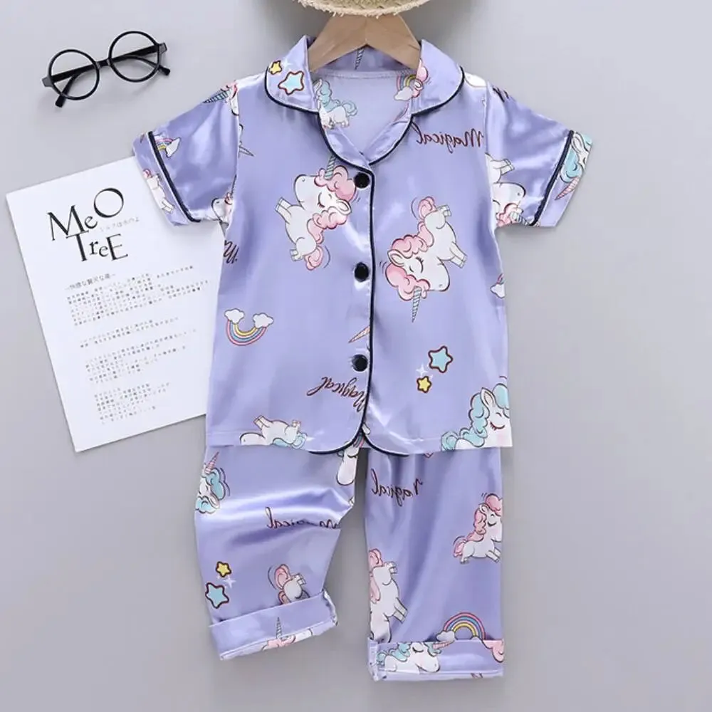 Girls Pajamas Pants Set Summer Air-Conditioned Clothing Toddler Boys Lce Silk Satin Cartoon Unicorn Nightgown 2pcs Outfit