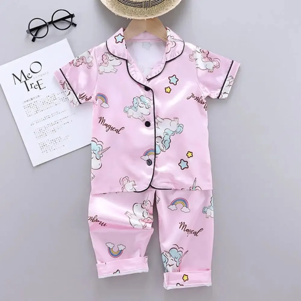 Girls Pajamas Pants Set Summer Air-Conditioned Clothing Toddler Boys Lce Silk Satin Cartoon Unicorn Nightgown 2pcs Outfit