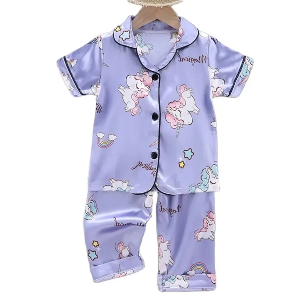 Girls Pajamas Pants Set Summer Air-Conditioned Clothing Toddler Boys Lce Silk Satin Cartoon Unicorn Nightgown 2pcs Outfit