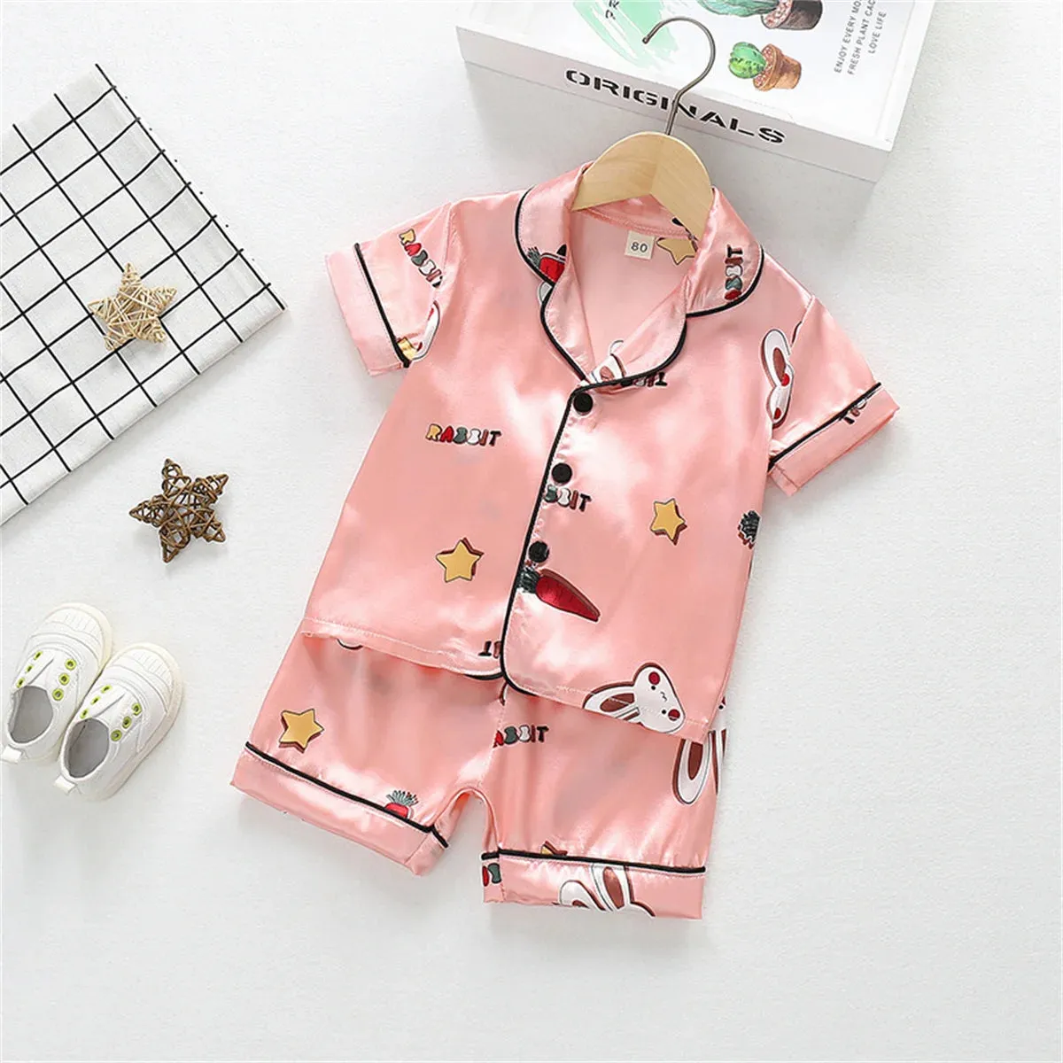 hibobi Two-Piece Summer Boys And Girls Cartoon Cardigan Pajamas Baby Ice Silk Short-Sleeved Shorts Children's Home Clothes Set