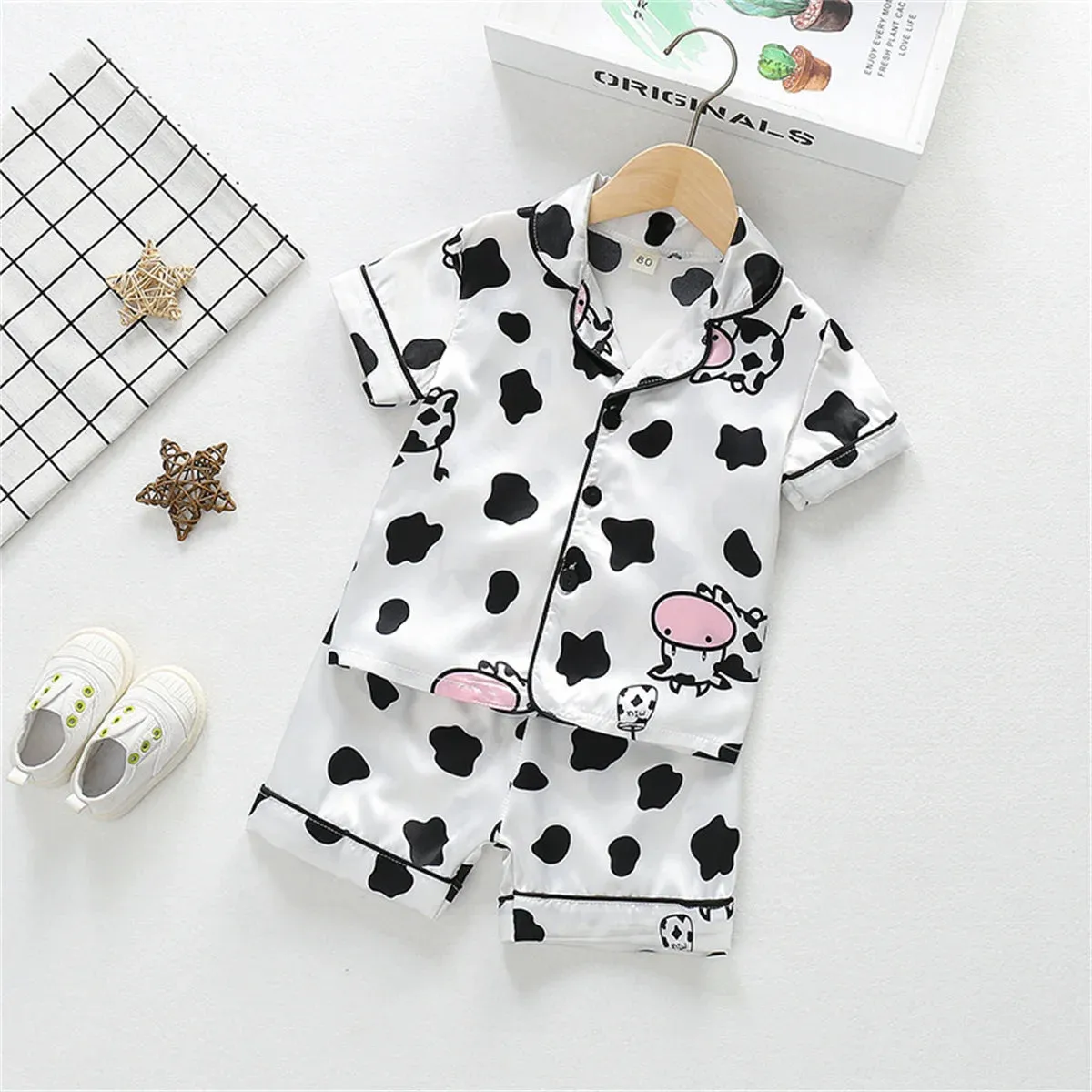 hibobi Two-Piece Summer Boys And Girls Cartoon Cardigan Pajamas Baby Ice Silk Short-Sleeved Shorts Children's Home Clothes Set