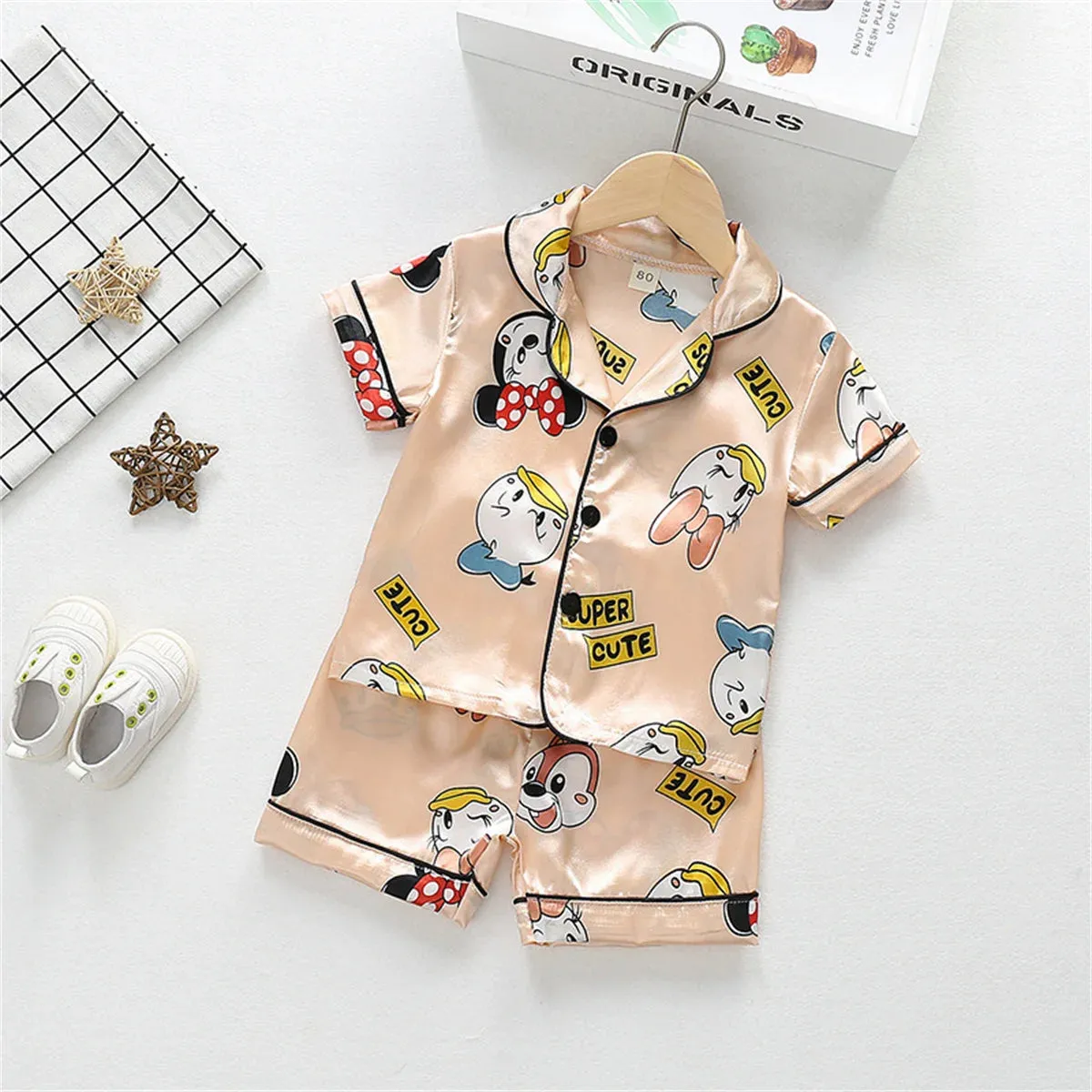 hibobi Two-Piece Summer Boys And Girls Cartoon Cardigan Pajamas Baby Ice Silk Short-Sleeved Shorts Children's Home Clothes Set