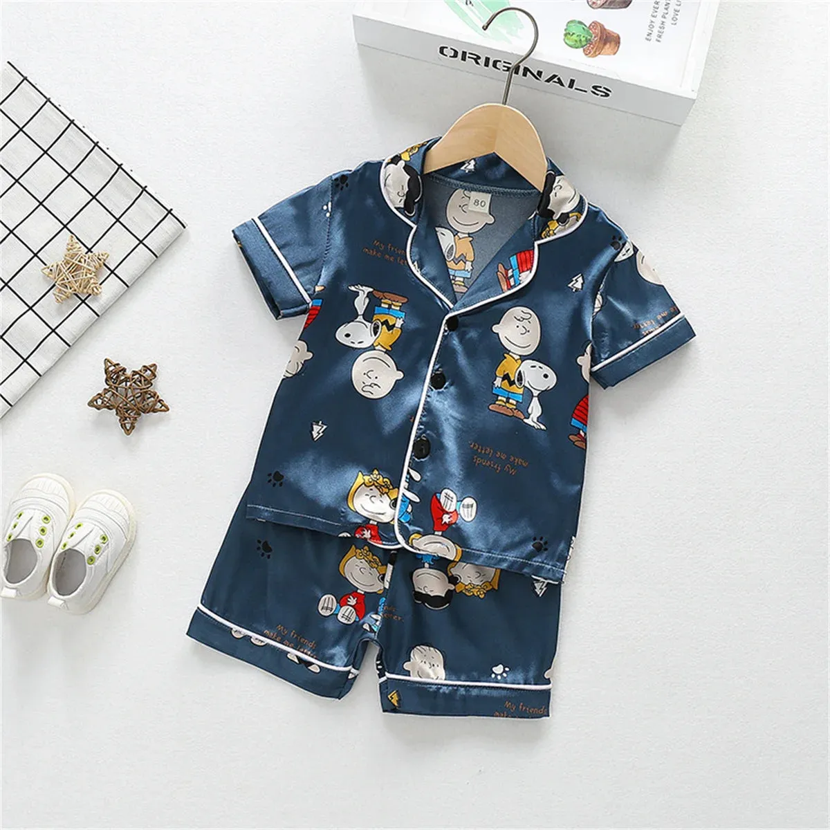 hibobi Two-Piece Summer Boys And Girls Cartoon Cardigan Pajamas Baby Ice Silk Short-Sleeved Shorts Children's Home Clothes Set