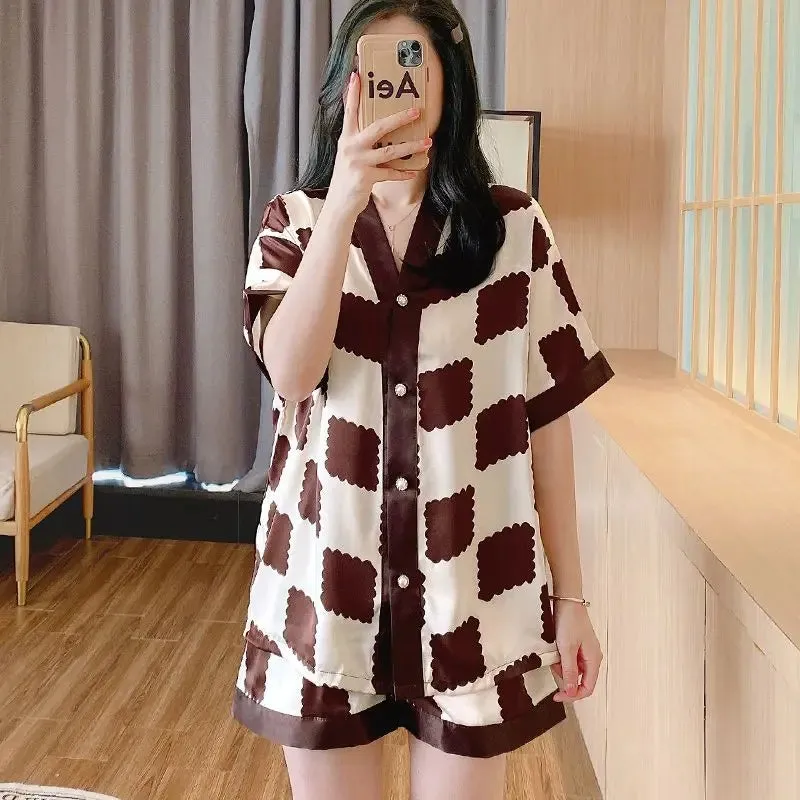 Ice Silk Pajamas Two-piece Set Women Summer Short-sleeved Tops Shorts Kawaii Clothing Homewear Big Size Sleepwear New