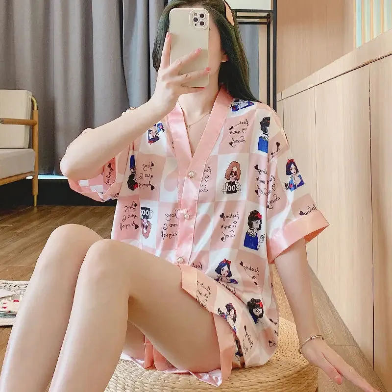 Ice Silk Pajamas Two-piece Set Women Summer Short-sleeved Tops Shorts Kawaii Clothing Homewear Big Size Sleepwear New