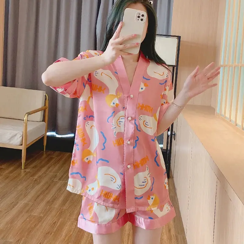 Ice Silk Pajamas Two-piece Set Women Summer Short-sleeved Tops Shorts Kawaii Clothing Homewear Big Size Sleepwear New