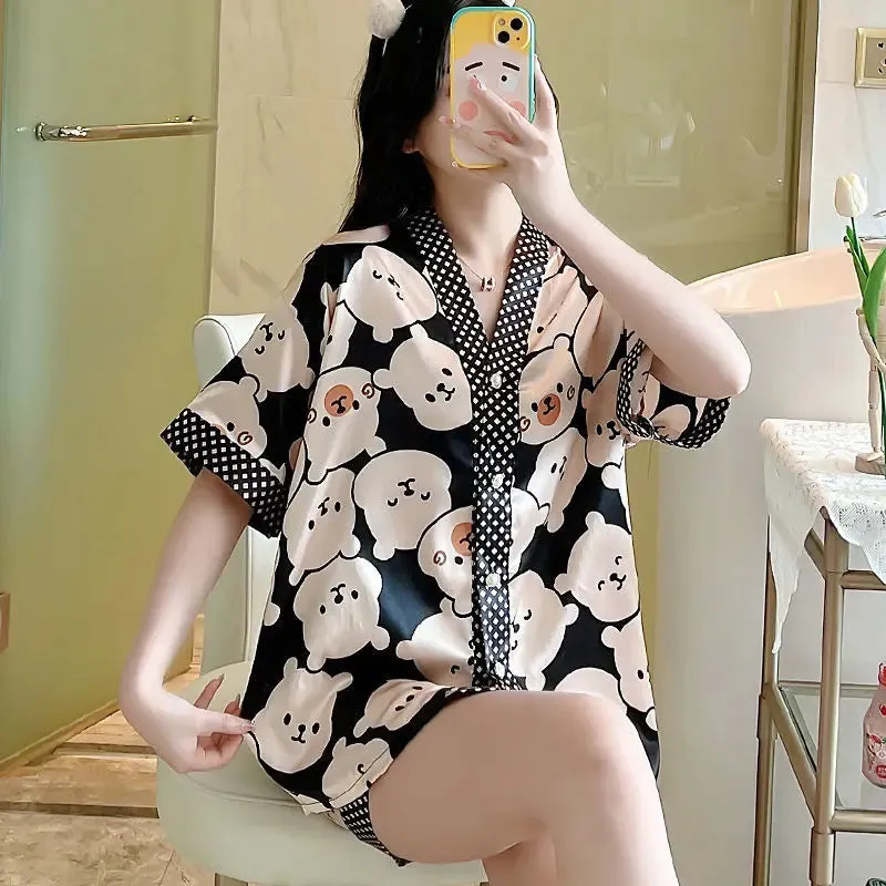 Ice Silk Pajamas Two-piece Set Women Summer Short-sleeved Tops Shorts Kawaii Clothing Homewear Big Size Sleepwear New