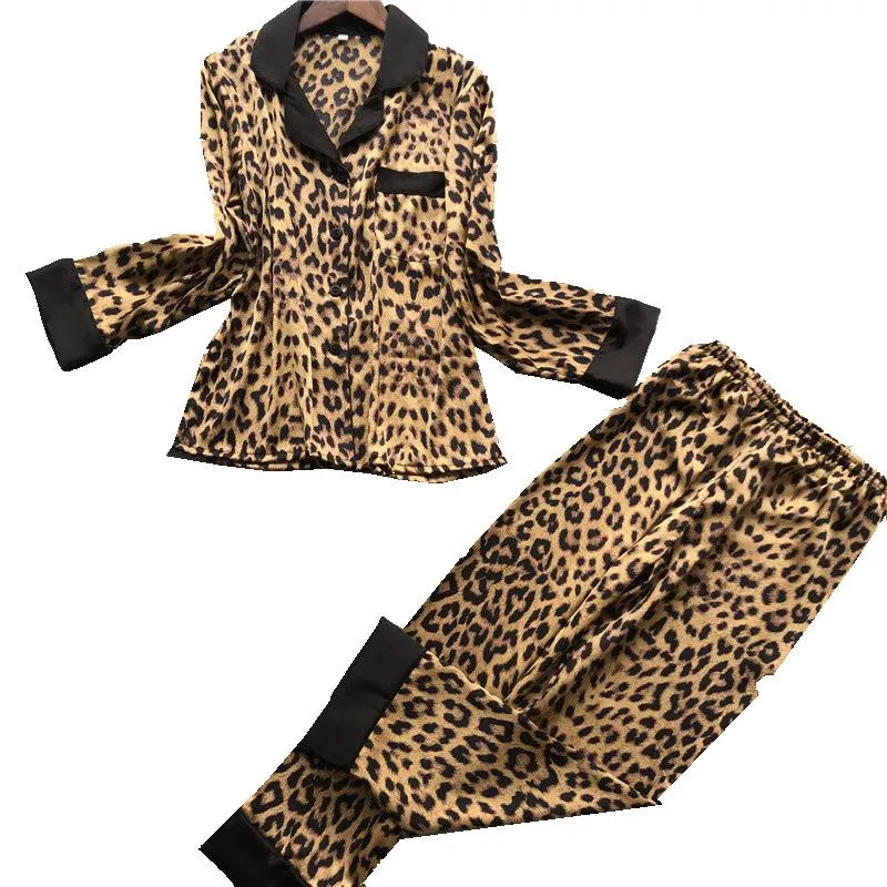 Leopard Print Sexy Long Sleeve Pajamas Woman Imitate Real Silk Sleepwear