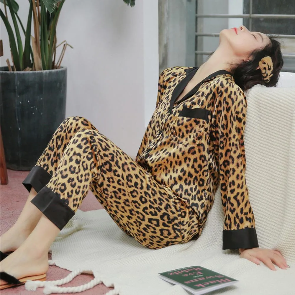 Leopard Print Sexy Long Sleeve Pajamas Woman Imitate Real Silk Sleepwear