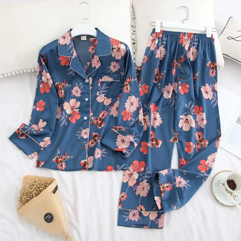 Long Sleeve Pajamas Autumn Ice Silk Long Sleeve Trousers Suit Printing Fashion Pyjamas Set